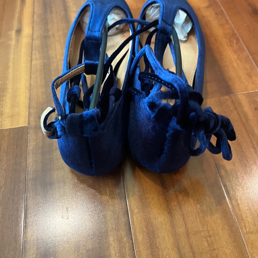 Navy Velvet Ballet Flat Lace Up Pointed Toe Strappy T Yoki Urban-80 New Size 7.5 - Picture 6 of 7